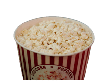 a bucket of popcorn sitting on top of a table